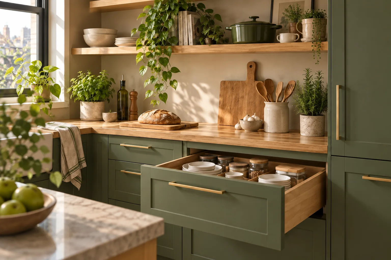 Olive-green kitchen cabinets with open drawer, oak worktop and everyday storage