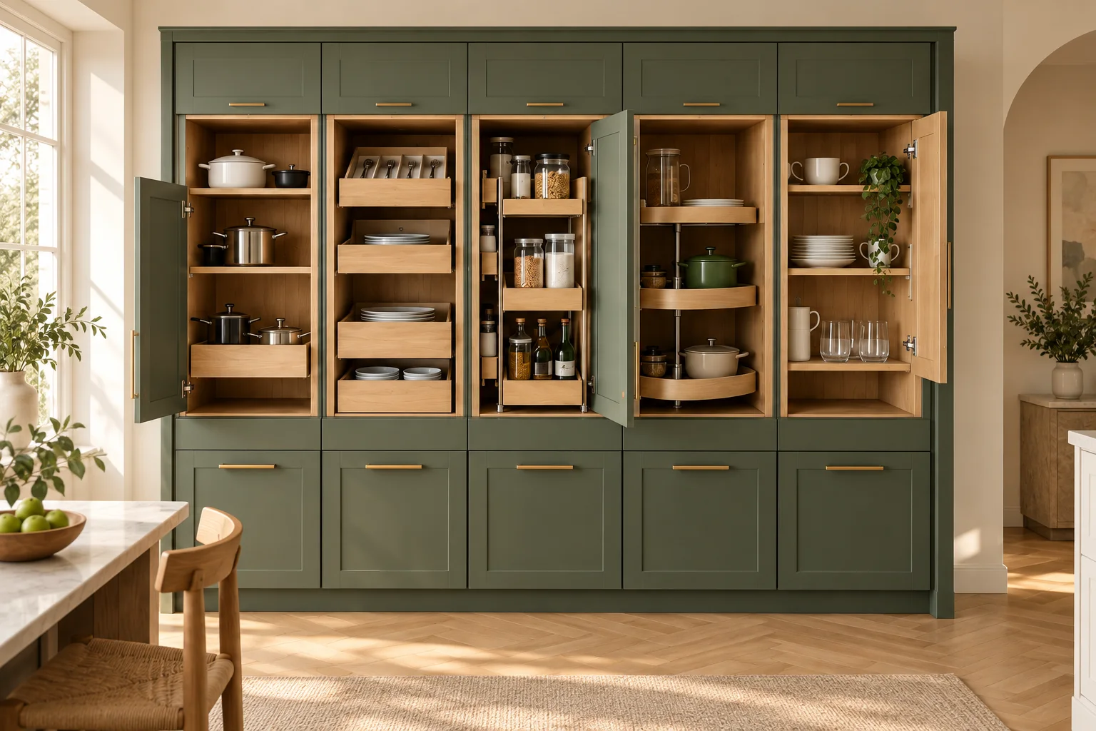 Warm wood cabinet shelving in a kitchen